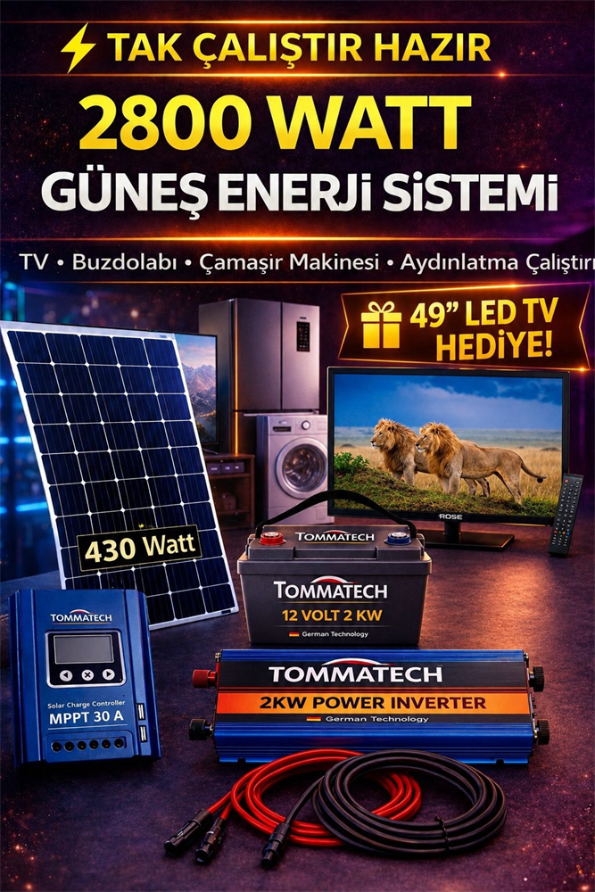 2800 Watt Tak Çalıştır Çamaşır Makinesi, TV, Buzdolabı Bağ evi Karavan Solar Paket